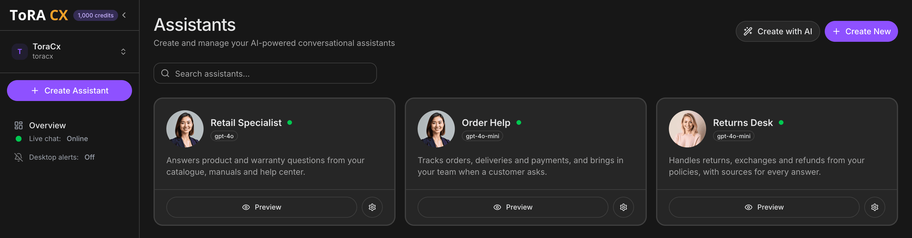 The ToRA CX dashboard, where you create and manage assistants