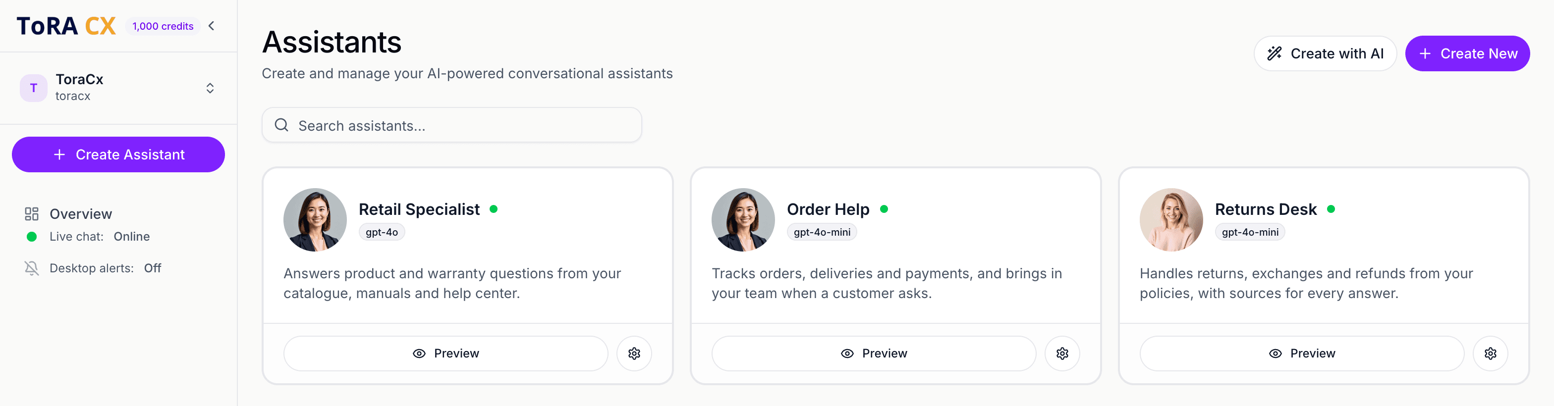 The ToRA CX dashboard, where you create and manage assistants