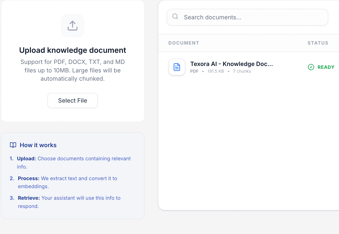 Knowledge Base with a document uploaded and ready
