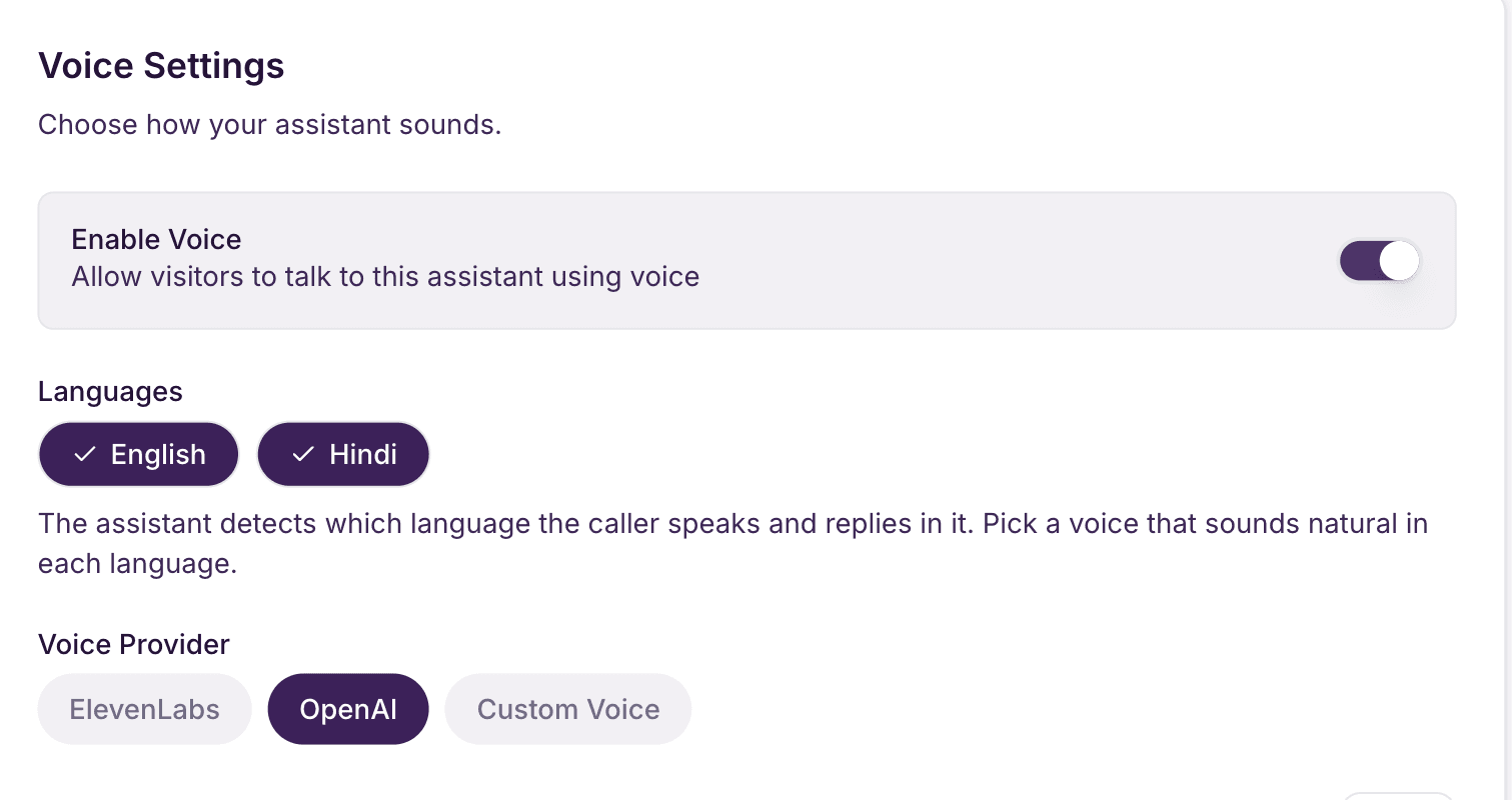 Assistant voice settings with English and Hindi selected