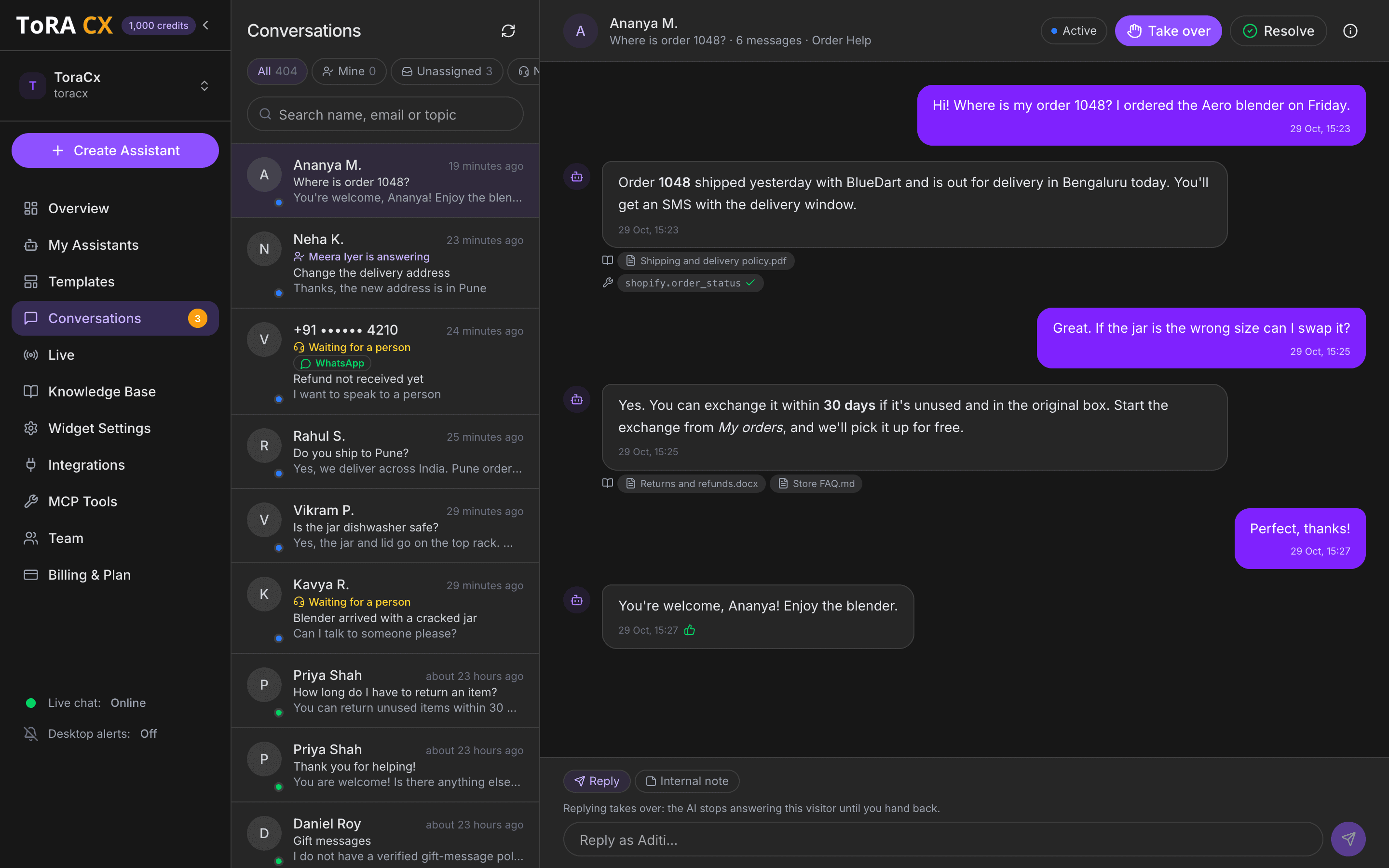 The ToRA CX inbox: a customer's chat with the AI, showing the documents and the order lookup each reply used