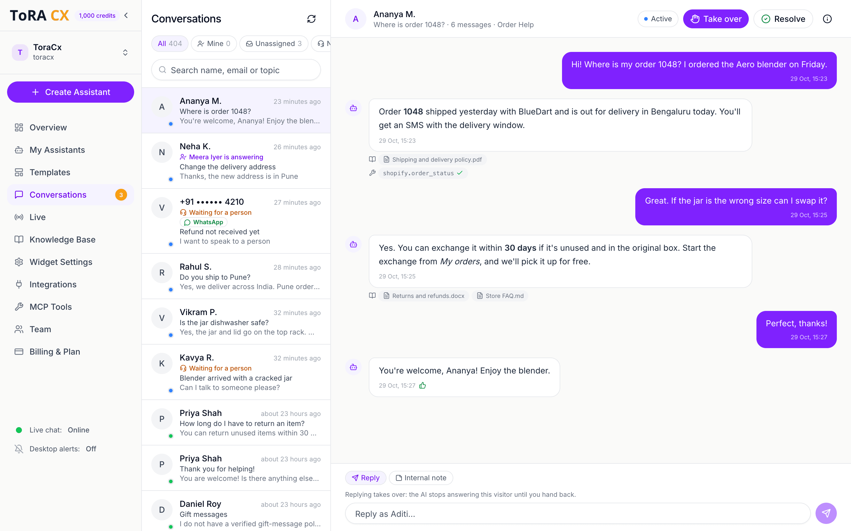 The ToRA CX inbox: a customer's chat with the AI, showing the documents and the order lookup each reply used