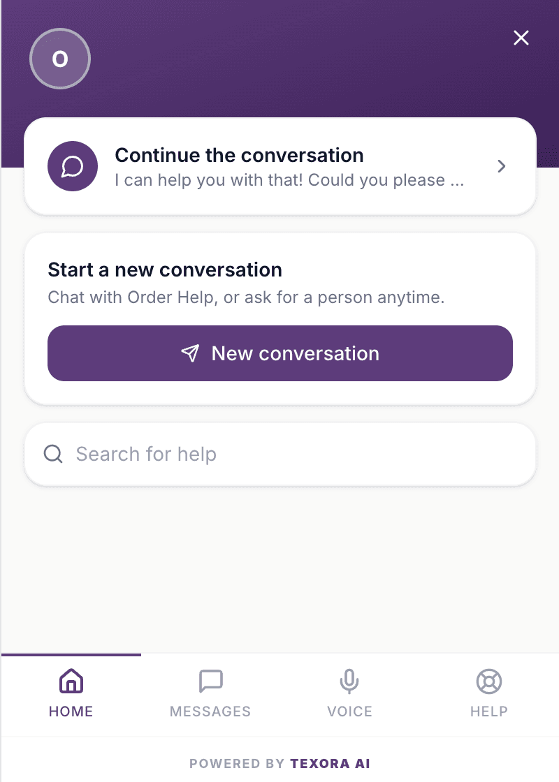 The ToRA CX widget home screen: start a chat, ask for a person, or search for help